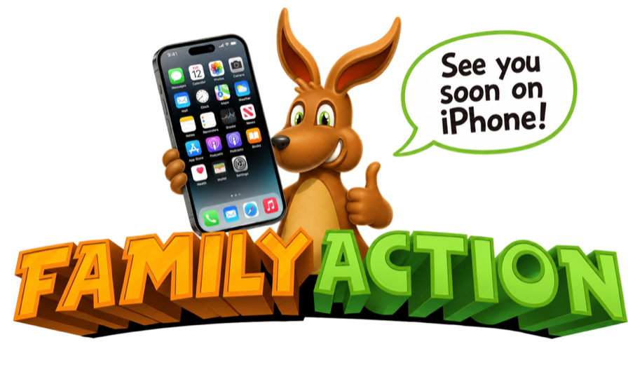 The Family Action kangaroo holding an iPhone — see you soon on iPhone!
