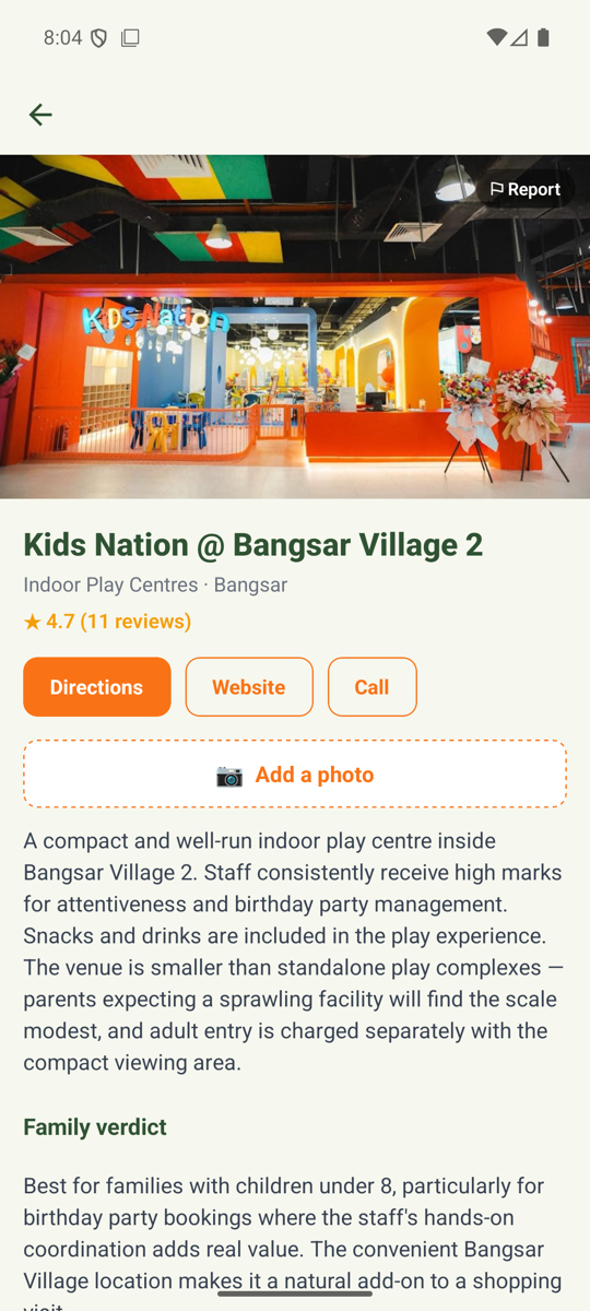 Family Action app â venue detail with directions, website and call
