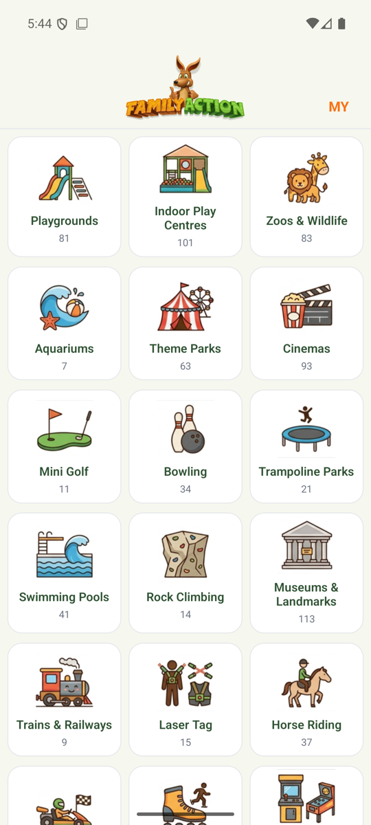 Family Action app — the category grid of things to do