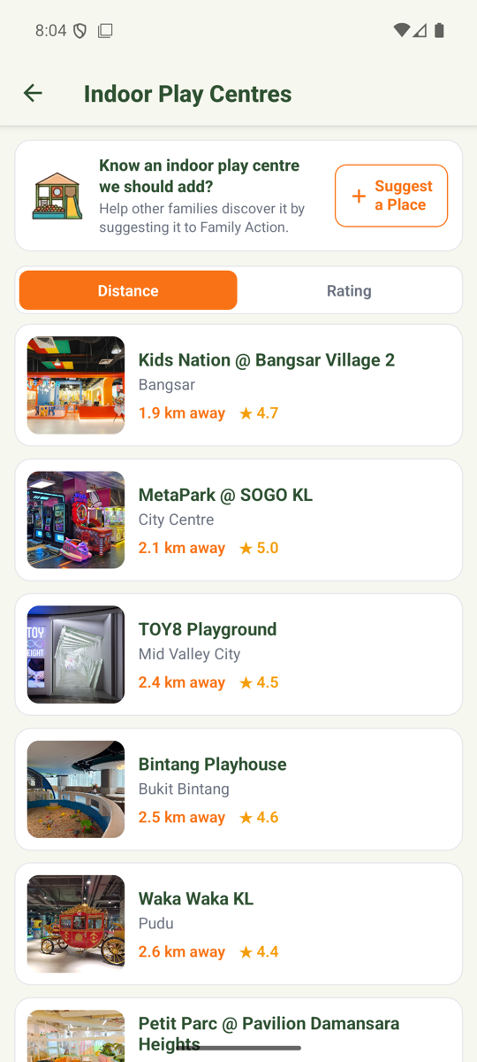 Family Action app — venues near you, sorted by distance